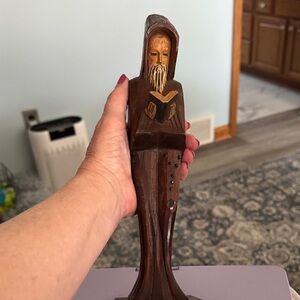 Hand-Carved Wooden Monk Figurine in Brown